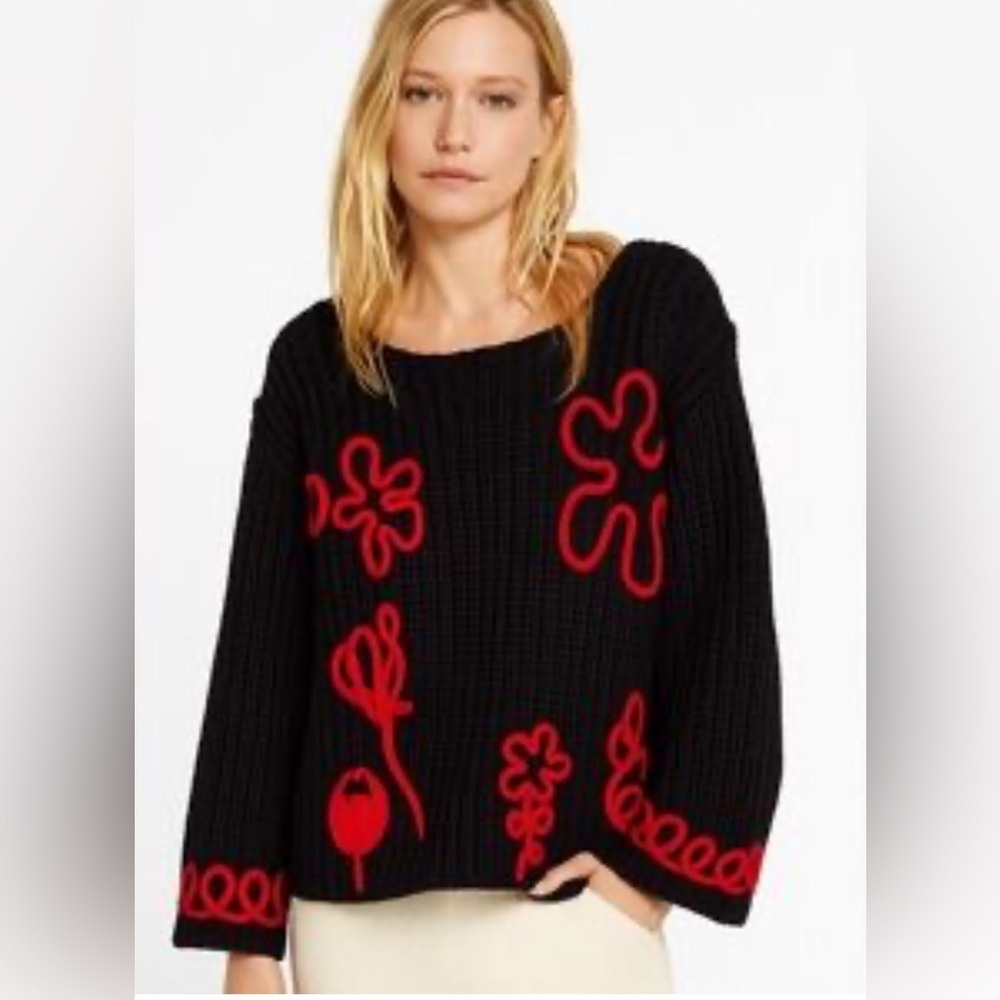 POL Black Boho Knit Sweater with Red Floral Accents. Size-Medium